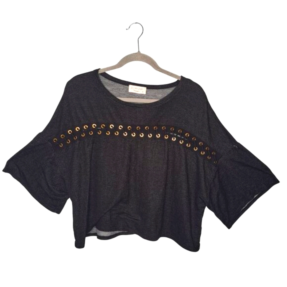 Lavender Field Relaxed Gray Dolman Sleeved Horizontal Lace Up Top Size Medium